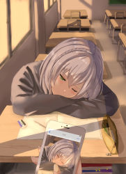 Rule 34 | 1girl, 6mint, absurdres, alternate costume, cellphone, chair, classroom, commentary request, crossed arms, desk, eraser, green eyes, grey hair, half-closed eye, highres, hololive, indoors, light blush, long sleeves, looking at viewer, mechanical pencil, notebook, one eye closed, pencil, pencil case, phone, pov, pov hands, school desk, school uniform, shirogane noel, short hair, smile, virtual youtuber