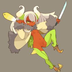 Rule 34 | 1girl, colored skin, flat chest, green eyes, horns, jacket, knife, mota, navel, nipples, nude, open mouth, original, pointy ears, pussy, red skin, simple background, solo, sword, weapon, white hair