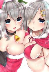 Rule 34 | 10s, 2girls, :d, alternate costume, alternate headwear, bell, bikini, bikini top only, black gloves, blue eyes, breast press, breasts, buta tamako, capelet, choker, christmas, chromatic aberration, cleavage, closed mouth, commentary request, dress, elbow gloves, fur trim, gloves, hair ornament, hair over one eye, hairclip, hamakaze (kancolle), hat, highres, kantai collection, kashima (kancolle), light particles, looking at viewer, medium breasts, multiple girls, neck bell, open mouth, red bikini, red dress, red hat, santa costume, santa hat, short hair, sideboob, silver hair, simple background, smile, strapless, strapless dress, swimsuit, symmetrical docking, twintails, upper body, white background