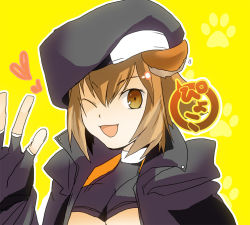 Rule 34 | 1girl, animal ears, antenna hair, arc system works, bare shoulders, beret, blazblue, blazblue: continuum shift, breasts, co taro, fingerless gloves, gloves, hat, jacket, makoto nanaya, one eye closed, open mouth, solo, squirrel ears, tail, underboob, waving, yellow background