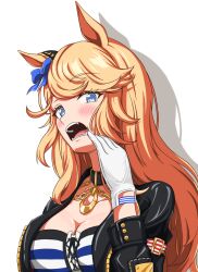Rule 34 | 1girl, animal ears, black choker, black jacket, blonde hair, blue bow, blue eyes, blush, bow, choker, commentary request, gloves, gold city (umamusume), hair bow, highres, horse ears, insein, jacket, long hair, looking at viewer, open clothes, open jacket, open mouth, simple background, solo, strapless, tube top, umamusume, upper body, white background, white gloves