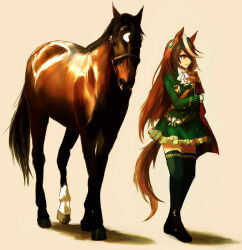 Rule 34 | 1girl, 1other, aiguillette, animal ears, ascot, black footwear, brown background, brown hair, creature and personification, earrings, fantomyu, frilled skirt, frills, full body, gold trim, green jacket, green skirt, green thighhighs, greyscale, hair over one eye, horse ears, horse girl, jacket, jewelry, long hair, long sleeves, looking at viewer, looking to the side, monochrome, multicolored hair, purple eyes, simple background, single earring, skirt, symboli rudolf (racehorse), symboli rudolf (umamusume), thighhighs, umamusume, white ascot, white hair, zettai ryouiki