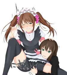 Rule 34 | 10s, 1boy, 1girl, :d, apron, ball busting, bdsm, bike shorts, black shorts, black skirt, black thighhighs, blush, brown hair, bulge, buttons, cbt, clenched teeth, crossdressing, crotch kick, earrings, erection, erection under clothes, femdom, frilled skirt, frills, grabbing, green eyes, hair ornament, hair scrunchie, hetero, idolmaster, idolmaster cinderella girls, idolmaster side-m, jewelry, light brown hair, long hair, long sleeves, looking at another, maid, maid headdress, mizushima saki, motion lines, one eye closed, open mouth, pain, parted lips, puffy short sleeves, puffy sleeves, school uniform, scrunchie, shibuya rin, shirt, short sleeves, shorts, shorts under skirt, simple background, skirt, smile, squeezing testicles, star (symbol), star earrings, teeth, testicle grab, testicles, thighhighs, translated, trap, trembling, twintails, upskirt, waist apron, watarase piro, white apron, white background, white shirt, wince