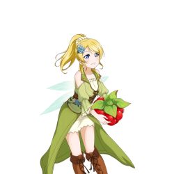 Rule 34 | 10s, 1girl, ayase eli, bare shoulders, blonde hair, blue eyes, blush, boots, dress, fairy wings, flower, food, fruit, green dress, hair flower, hair ornament, long hair, looking at viewer, love live!, love live! school idol festival, love live! school idol project, official art, ponytail, puffy sleeves, raspberry, simple background, solo, transparent background, white background, wings
