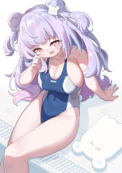 Rule 34 | 1girl, absurdres, arm support, arukiru, bare legs, blue one-piece swimsuit, blush, breasts, cleavage, collarbone, commission, competition swimsuit, covered navel, double bun, fang, hair bun, hair ornament, highres, hoshifuru ameru, indie virtual youtuber, kickboard, large breasts, long hair, looking at viewer, multicolored hair, one-piece swimsuit, pink hair, poolside, purple eyes, school swimsuit, sidelocks, sitting, skeb commission, smile, solo, streaked hair, swimsuit, twirling hair, two-tone hair, variant set, virtual youtuber, white background
