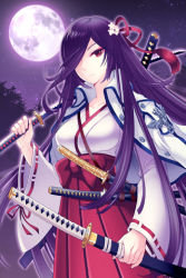 Rule 34 | 1girl, bow, breasts, female focus, flower, gradient background, hair ornament, hair over one eye, hakama, hakama skirt, jacket, japanese clothes, katana, large breasts, long hair, lowres, miko, moon, nature, outdoors, plant, purple hair, red eyes, red hakama, ribbon, sheath, skirt, sky, solo, sword, sword girls, weapon, wide sleeves