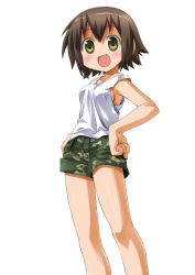 Rule 34 | 00s, 1girl, breasts, brown hair, camouflage, fang, kusakabe misao, lucky star, short hair, shorts, sideboob, small breasts, solo, tank top, umekichi, yellow eyes