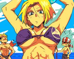 Rule 34 | 1girl, 2boys, abs, arms up, bikini, billy kane, blonde hair, blue eyes, blue mary, breasts, chibi, cleavage, crab, large breasts, lowres, midriff, multiple boys, muscular, ocean, short hair, snk, sweatdrop, swimsuit, the king of fighters, yamazaki ryuuji