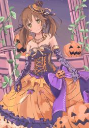 Rule 34 | 10s, 1girl, bare shoulders, bat earrings, blush, bow, breasts, brown eyes, brown hair, corset, dress, earrings, elbow gloves, frilled dress, frills, gloves, gown, hair ribbon, halloween, hat, hat ribbon, head tilt, idolmaster, idolmaster cinderella girls, idolmaster cinderella girls starlight stage, jack-o&#039;-lantern, jewelry, looking at viewer, mini hat, mini top hat, multicolored clothes, multicolored dress, necklace, night, night sky, pillar, plant, pumpkin, purple gloves, ribbon, riva0412, skirt hold, sky, smile, solo, strapless, strapless dress, top hat, totoki airi, twintails, vines