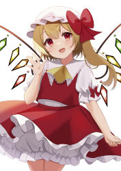 Rule 34 | 1girl, :d, ascot, bat wings, blonde hair, bloomers, blush, bow, collar, commentary, cowboy shot, crystal, facing viewer, flandre scarlet, frilled ascot, frilled collar, frilled skirt, frills, hair between eyes, hand up, happy, hat, hat bow, hat ribbon, head tilt, highres, kamachi (kamati0maru), long hair, looking at viewer, mob cap, open mouth, puffy short sleeves, puffy sleeves, rainbow order, red bow, red eyes, red ribbon, red skirt, red vest, ribbon, sailor collar, shirt, short sleeves, side ponytail, simple background, skirt, smile, solo, standing, touhou, underwear, vest, waving, white background, white bloomers, white hat, white sailor collar, white shirt, wings, yellow ascot, ||/