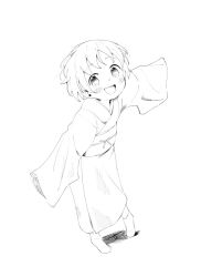 Rule 34 | 1girl, blush, from above, full body, greyscale, japanese clothes, kimono, looking at viewer, monochrome, nekopantsu (blt), open mouth, original, outstretched arms, short hair, smile, socks, solo, spread arms