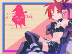 Rule 34 | 1girl, armpits, bat wings, bikini, bikini top only, black bikini, black gloves, black thighhighs, bracelet, copyright name, demon girl, disgaea, earrings, elbow gloves, english text, etna (disgaea), from side, gloves, harada takehito, jewelry, makai senki disgaea 2, mini wings, miniskirt, nippon ichi, official art, official wallpaper, parted bangs, pencil skirt, pink background, pointy ears, prinny, red eyes, red hair, sitting, skirt, skull earrings, solo, stomach, swimsuit, tail, thighhighs, twintails, wallpaper, wings, zettai ryouiki