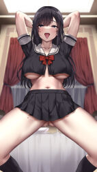 Rule 34 | 1girl, arms behind head, black eyes, black hair, black shirt, black skirt, black socks, blurry, blurry background, breasts, ceiling light, cropped shirt, curtains, gluteal fold, highres, indoors, jack dempa, kneehighs, large breasts, long hair, looking at viewer, midriff, miniskirt, mole, mole on thigh, mole under eye, navel, no bra, no panties, original, pleated skirt, pussy juice, sailor collar, school uniform, shirt, short sleeves, skirt, socks, solo, spread legs, squatting, standing, sweat, tongue, tongue out, underboob, white sailor collar