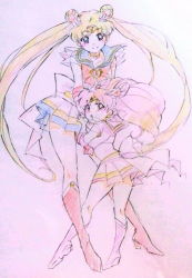 Rule 34 | 1990s (style), 2girls, bishoujo senshi sailor moon, bishoujo senshi sailor moon supers, blue sailor collar, boots, bow, brooch, chibi usa, colored pencil (medium), cone hair bun, don bee, full body, hair bun, heart, heart brooch, jewelry, knee boots, long hair, looking back, multicolored clothes, multicolored skirt, multiple girls, pink footwear, red bow, retro artstyle, sailor chibi moon, sailor collar, sailor moon, skirt, smile, super sailor chibi moon, super sailor moon, traditional media, tsukino usagi, twintails, very long hair