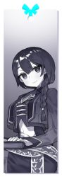 Rule 34 | 1girl, alter ego (game), book, bookmark, braid, es (alter ego), greyscale, highres, holding, holding book, itsumo nokoru, long sleeves, looking at viewer, monochrome, single braid, smile, solo, spot color