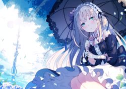Rule 34 | 1girl, aqua eyes, bad id, bad pixiv id, blue sky, blush, bow, bowtie, breasts, day, detached sleeves, dress, floating hair, flower, frills, full moon, headdress, holding, holding umbrella, kat (bu-kunn), leaf, long hair, looking at viewer, moon, open mouth, original, outdoors, petals, rose, shade, sidelocks, silver hair, sitting, sky, small breasts, solo, striped bow, striped bowtie, striped clothes, striped neckwear, tower, tree, umbrella, very long hair, white flower, white rose, wind