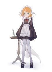 Rule 34 | 1girl, :3, alternate costume, apron, aqua eyes, black footwear, black jumpsuit, blonde hair, bow, collared jumpsuit, enmaided, frilled apron, frills, highres, jumpsuit, kagamine rin, knife, light blush, looking at viewer, maid, maid apron, maid headdress, mary janes, pale skin, pantyhose, pigeon-toed, red bow, shoes, short hair, smile, solo, suiri (suiri 02), vocaloid, waist apron, white apron, white pantyhose