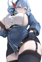 1girl absurdres ako_(blue_archive) bell black_thighhighs blue_archive blue_coat blue_eyes blue_gloves blue_hair blue_halo blush breasts clipboard closed_mouth coat commentary_request cowbell earrings framed_breasts from_below gloves hair_between_eyes halo highres holding holding_clipboard huge_breasts jewelry long_sleeves looking_at_viewer medium_hair miniskirt neck_bell sideboob simple_background skindentation skirt solo stud_earrings thick_thighs thighhighs thighs tol10131 white_background