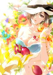 Rule 34 | 1girl, alternate costume, bare shoulders, berry, bikini, bikini top only, bracelet, breasts, brown eyes, brown hair, caracoro, cleavage, collarbone, dragon fruit, floral background, food, food on body, fruit, hat, hat ribbon, jewelry, lace-up top, large breasts, looking at viewer, meiko (vocaloid), midriff, nail polish, navel, one eye covered, parted lips, red nails, ribbon, short hair, solo, sun hat, sweat, swimsuit, towel, upper body, vocaloid, water drop