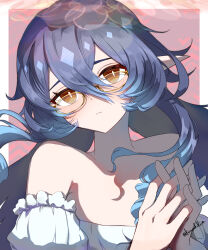 Rule 34 | 1girl, absurdres, alternate costume, bare shoulders, bespectacled, blue hair, commentary request, genshin impact, glasses, head tilt, highres, kusunoki r, layla (genshin impact), long hair, off-shoulder shirt, off shoulder, own hands together, pointy ears, puffy sleeves, shirt, solo, upper body, very long hair, white shirt, yellow eyes