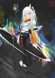 Rule 34 | 1girl, black footwear, black skirt, breasts, cane, cleavage cutout, closed mouth, clothing cutout, commentary request, full body, gloves, highres, holding, long hair, long sleeves, looking at viewer, medium breasts, multicolored hair, natori youkai, orange hair, original, pleated skirt, shirt, shoes, skirt, smile, solo, standing, two-tone hair, very long hair, white gloves, white hair, white shirt, yellow eyes