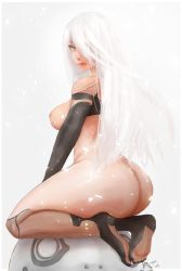 Rule 34 | ass, breasts, butt crack, completely nude, feet, highres, huge ass, kneeling, large breasts, looking at viewer, mole, mole under mouth, nier (series), nier:automata, nipples, nude, sideboob, sitting, white hair, yoracrab, a2 (nier:automata)