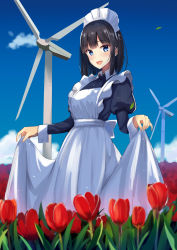 Rule 34 | 1girl, :d, absurdres, apron, back bow, black dress, black hair, blue eyes, blue sky, blunt bangs, blush, bow, breasts, cloud, collared dress, commentary request, cowboy shot, day, dress, dress shirt, field, flower, flower field, frills, highres, juliet sleeves, kanata (harukakanatan), leaf, long skirt, long sleeves, looking at viewer, maid, maid apron, maid headdress, medium breasts, medium hair, mole, mole under eye, open mouth, original, puffy sleeves, red flower, red tulip, shirt, sidelocks, skirt, skirt hold, sky, smile, solo, standing, teeth, tulip, upper teeth only, white apron, white skirt, wind turbine, windmill