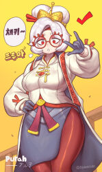 Rule 34 | 1girl, \m/, artist name, blush, breasts, character name, checkmark, coat, commentary request, cowboy shot, domaguri, glasses, gloves, grey gloves, hair ornament, hand on own hip, long hair, long sleeves, looking at viewer, medium breasts, nintendo, open clothes, open coat, open mouth, pantyhose, purah, red-framed eyewear, red eyes, red pantyhose, round eyewear, slit pupils, solo, speech bubble, the legend of zelda, the legend of zelda: tears of the kingdom, thick thighs, thighs, translation request, triangle mouth, twitter username, white hair, yellow background