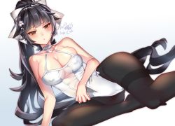 Rule 34 | 1girl, azur lane, black hair, black pantyhose, blush, breasts, brown eyes, cleavage, curvy, female focus, flower, gradient background, hair ornament, hair ribbon, large breasts, long hair, looking at viewer, lying, on side, one-piece swimsuit, pantyhose, pantyhose under swimsuit, ponytail, ribbon, see-through, simple background, sitting, solo, swimsuit, takao (azur lane), thighs, uehara (higanbachi), very long hair