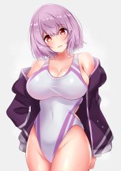 Rule 34 | 10s, 1girl, arms behind back, bare shoulders, blush, breasts, buttons, cleavage, collarbone, competition swimsuit, covered navel, cowboy shot, grey background, grey one-piece swimsuit, gridman universe, groin, hair between eyes, highleg, highleg swimsuit, highres, hip focus, jacket, large breasts, light purple hair, looking at viewer, off shoulder, one-piece swimsuit, open clothes, open jacket, parted lips, pocket, purple hair, purple jacket, red eyes, sankakusui, shinjou akane, shiny skin, short hair, sideboob, simple background, smile, solo, ssss.gridman, standing, steam, straight hair, swimsuit, taut clothes, thighs, wet, wet hair