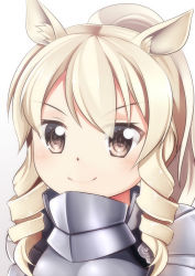 Rule 34 | &gt;:), 10s, 1girl, animal ears, armor, blush, brown eyes, close-up, closed mouth, drill hair, highres, kemono friends, long hair, looking at viewer, ponytail, ringlets, sidelocks, simple background, solo, tareme, upper body, v-shaped eyebrows, white background, white rhinoceros (kemono friends), yasume yukito