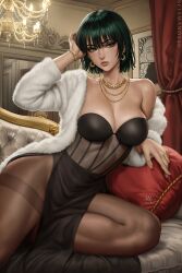 Rule 34 | 1girl, arm support, arm up, artist name, black dress, black hair, black pantyhose, bracelet, breasts, commentary, couch, cushion, dark green hair, dress, drop earrings, earrings, english commentary, fubuki (one-punch man), gold bracelet, gold earrings, gold necklace, green eyes, green hair, hand to head, highres, indoors, jewelry, large breasts, leaning to the side, lips, looking at viewer, necklace, on couch, one-punch man, pantyhose, parted lips, pelvic curtain, sciamano240, short hair, sitting, solo, strapless, strapless dress