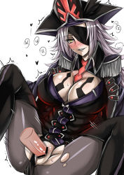 Rule 34 | 1girl, black thighhighs, blindfold, blush, boots, breasts, dahut (fate), disembodied penis, fate/grand order, fate (series), francis drake (fate), grey hair, hat, highres, large breasts, long hair, penis, sanmoto gorouzaemon, sex, simple background, sitting, solo, spread legs, thigh boots, thighhighs, torn clothes, torn legwear, vaginal, white background, yellow eyes
