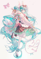 Rule 34 | 1girl, absurdly long hair, absurdres, aqua hair, expressionless, full body, hair between eyes, hatsune miku, highres, long hair, looking at viewer, maccha (mochancc), pantyhose, simple background, standing, standing on one leg, swept bangs, twintails, very long hair, vocaloid, white background