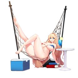 Rule 34 | 1girl, ahoge, american flag bikini, ass, bikini, blonde hair, blue eyes, blue hawaii, blush, book, breasts, cocktail, cooler, cup, drink, drinking glass, drinking straw, flag print, food, fruit, full body, game cg, hair between eyes, hammock, harpyia (last origin), highres, huge breasts, hurricane glass, last origin, lime (fruit), lime slice, looking at viewer, official art, open mouth, smile, snowball22, solo, swimsuit, tachi-e, transparent background, tropical drink