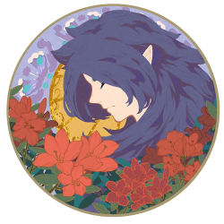 Rule 34 | 1boy, black hair, circle, closed eyes, fengxi (the legend of luoxiaohei), flower, leaf, long hair, luxiao ao, male focus, plant, pointy ears, portrait, profile, red flower, solo, luo xiaohei zhanji