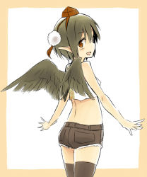 Rule 34 | 1girl, alternate costume, black hair, black thighhighs, blush, contemporary, cutoffs, from behind, hat, looking at viewer, looking back, open mouth, pointy ears, red eyes, shameimaru aya, short hair, short shorts, shorts, smile, solo, thighhighs, tokin hat, touhou, wings, yudepii
