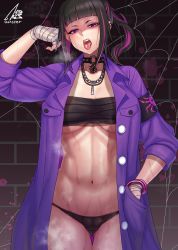 Rule 34 | 1girl, black hair, black panties, breasts, cameltoe, capcom, chain, chain necklace, choker, cleavage, gluteal fold, gonster, han juri, hand in pocket, highres, jacket, jewelry, looking at viewer, multicolored hair, navel, necklace, no pants, official alternate costume, open mouth, panties, ponytail, purple hair, purple jacket, sarashi, solo, spiked choker, spikes, stomach, street fighter, street fighter v, sweat, thigh gap, toned, tongue, tongue out, two-tone hair, underwear
