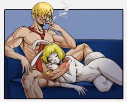 Rule 34 | 1boy, 1girl, breasts, carrot (one piece), highres, large breasts, one piece, sanji (one piece), smile, smoking