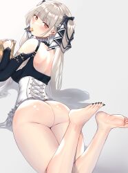 Rule 34 | 1girl, ass, azur lane, back, bare legs, barefoot, black dress, black nails, blush, bow, closed mouth, commentary, corset, dress, earrings, eating, feet, feet up, food, formidable (azur lane), from behind, full body, grey background, grey hair, hair bow, hair ribbon, highres, holding, holding food, jewelry, legs, long hair, looking at viewer, lying, mouth hold, nail polish, on stomach, red eyes, ribbon, seyrensophia, simple background, soles, solo, thighs, toenail polish, toenails, toes, twintails, very long hair, white corset