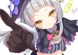 Rule 34 | 1girl, absurdres, black skirt, blunt bangs, bow, bowtie, brown gloves, capelet, cropped shirt, eyelashes, flat chest, foreshortening, from above, gloves, green eyes, grey hair, hair bun, hand on own hip, hat, highres, hololive, jacket, long hair, looking at viewer, murasaki shion, murasaki shion (1st costume), navel, pinstripe pattern, pinstripe shirt, pointing, pointing at viewer, shirt, sidelocks, signature, simple background, single hair bun, single side bun, skirt, smirk, solo, star (symbol), striped clothes, striped shirt, toshizou (0714), tsurime, vertical-striped clothes, vertical-striped shirt, virtual youtuber, white background, witch hat