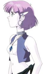 Rule 34 | 1990s (style), 1girl, bandeau, bare shoulders, blue eyes, blue theme, earrings, fushigi no umi no nadia, green eyes, hair ornament, hairclip, highres, jewelry, midriff, monochrome, nadia la arwall, neck ring, necklace, purple hair, scan, short hair, solo, strapless, tube top, vest