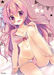 Rule 34 | 1girl, bare legs, bare shoulders, barefoot, blush, bow, bow panties, bra, breasts, cameltoe, cleavage, embarrassed, feet, frilled bra, frilled panties, frilled ribbon, frills, front-tie bra, hair between eyes, hair ribbon, honoka chiffon, long hair, looking at viewer, medium breasts, navel, one side up, open mouth, original, panties, panties day, panty pull, pink eyes, pink hair, ribbon, sidelocks, solo, strap pull, striped bra, striped clothes, teeth, underwear, underwear only, upper teeth only