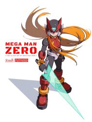 1boy android armor blonde_hair energy_sword forehead_jewel helmet highres holding holding_sword holding_weapon long_hair mega_man_(series) mega_man_zero_(series) noinoichebura ponytail red_armor red_vest solo standing sword very_long_hair vest weapon z_saber zero(z)_(mega_man) zero_(mega_man)