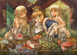 Rule 34 | 3girls, armor, armored dress, artoria pendragon (all), artoria pendragon (fate), blonde hair, bread, chalice, crab, crown, cup, dress, fairy, fairy wings, fate/stay night, fate (series), food, fruit, gauntlets, grapes, green eyes, highres, madcocoon, meat, multiple girls, pointy ears, red eyes, saber (fate), wings