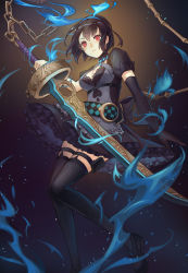 Rule 34 | 1girl, alice (sinoalice), apron, belt, belt buckle, black gloves, black hair, buckle, chain, choker, cleavage cutout, closed mouth, clothing cutout, dress, elbow gloves, gloves, glowing, hairband, holding, holding sword, holding weapon, legband, looking at viewer, mary janes, petticoat, puffy short sleeves, puffy sleeves, red eyes, ribbon, serious, shoes, short hair, short sleeves, sinoalice, solo, sword, thighhighs, tootwo, weapon, zettai ryouiki