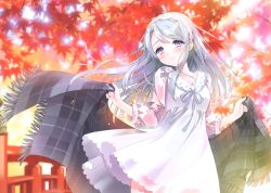 Rule 34 | 1girl, absurdres, blue ribbon, blush, bow, bridge, carnelian, cowboy shot, day, dress, hairband, highres, holding, holding shawl, kantai collection, lace, leaf, long hair, long sleeves, looking at viewer, maple leaf, outdoors, purple hair, ribbon, sagiri (kancolle), see-through, shawl, silver hair, solo, standing, white dress