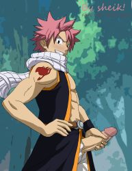 Rule 34 | 1boy, abs, absurdres, bare arms, belt, belt buckle, black eyes, blush, buckle, buranko!, character name, copyright name, erection, fairy tail, from side, functionally nude, glans, grin, hand on own hip, happy, highres, looking at viewer, male focus, masturbation, muscular, natsu dragneel, open pants, outdoors, pants, parted lips, penis, pink hair, scarf, short hair, sleeveless, smile, solo, spiked hair, standing, tattoo, teeth, tree, vest