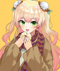 Rule 34 | 1girl, :d, absurdres, baozi, blonde hair, blush, bun cover, colored tips, commentary, double bun, fang, food, green eyes, highres, hololive, long hair, looking at viewer, momosuzu nene, multicolored hair, nail polish, open mouth, orange background, pink hair, red nails, scarf, simple background, smile, solo, tagosaku (tatsukiuma0329), upper body, virtual youtuber