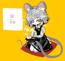 Rule 34 | 1girl, animal ears, barefoot, black skirt, black vest, breasts, brooch, collared shirt, colored eyelashes, cup, eyes visible through hair, food, grey hair, grey shirt, half-closed eye, jewelry, long sleeves, looking to the side, mouse ears, mouse tail, nazrin, one eye closed, pendant, puffy long sleeves, puffy sleeves, red eyes, saucer, seiza, shiny clothes, shirt, short hair, simple background, sitting, skirt, skirt set, small breasts, solo, sparkle, steam, tail, tea, teacup, teapot, toes, touhou, translated, tray, vest, yellow background, yt (wai-tei)